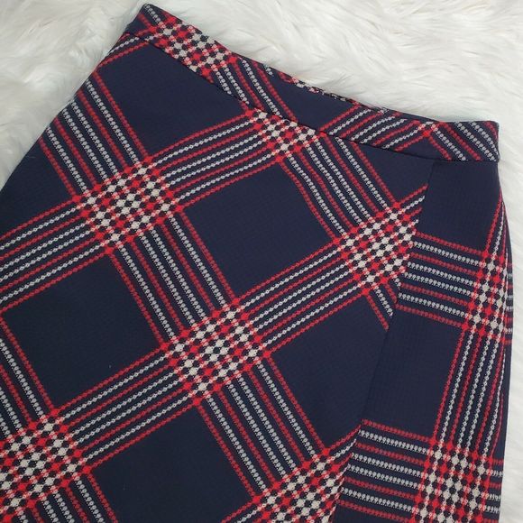 Halogen Plaid Faux Wrap Skirt Tweed A-Line Academia Navy Red Creme Skirt Size 4 - Picture 2 of 9